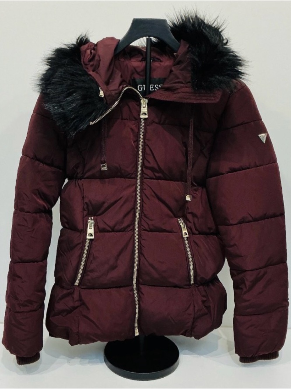 Guess, size small, Hooded Faux-Fur Puffer Jacket Women's Burgundy